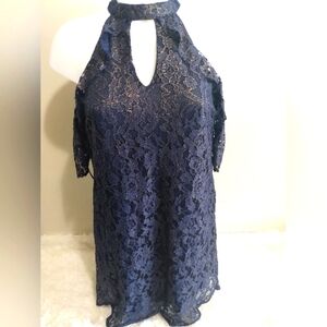 NWT Francescas woman small gold and navy cold shoulder midi lace dress